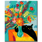 Painting by numbers Black cat with bouquet of flowers